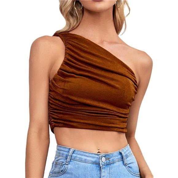 Tops - Women's Ruched One Shoulder Crop Top, Brown